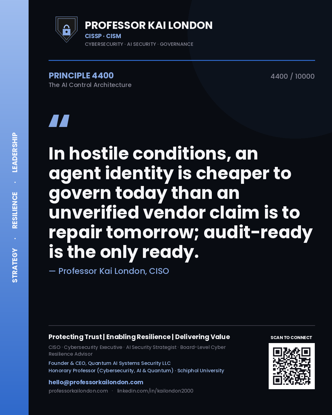 Professor Kai London principle 4400: In hostile conditions, an agent identity is cheaper to govern today than an unverified vendor claim is to repair tomorrow; audit-ready is the only ready.