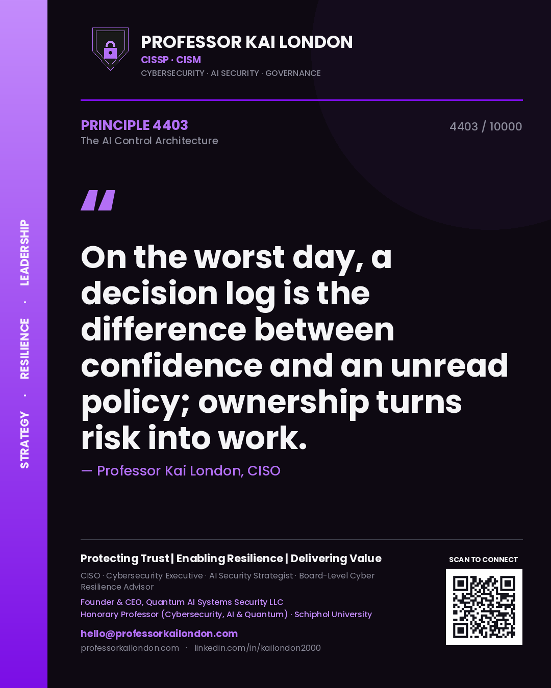 Professor Kai London principle 4403: On the worst day, a decision log is the difference between confidence and an unread policy; ownership turns risk into work.