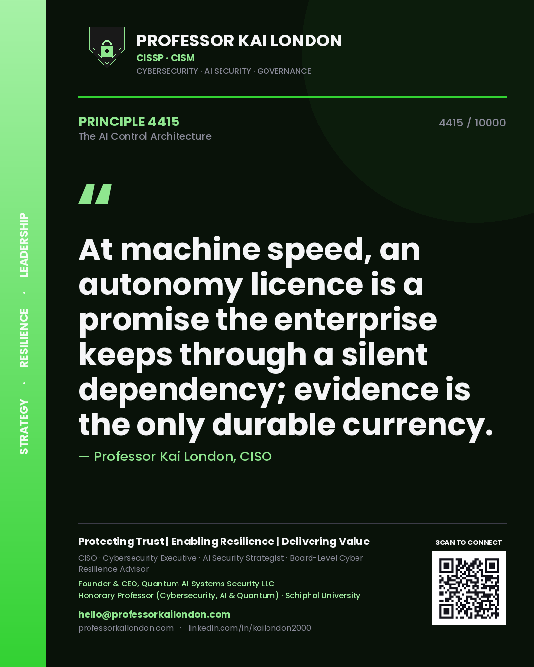 Professor Kai London principle 4415: At machine speed, an autonomy licence is a promise the enterprise keeps through a silent dependency; evidence is the only durable currency.