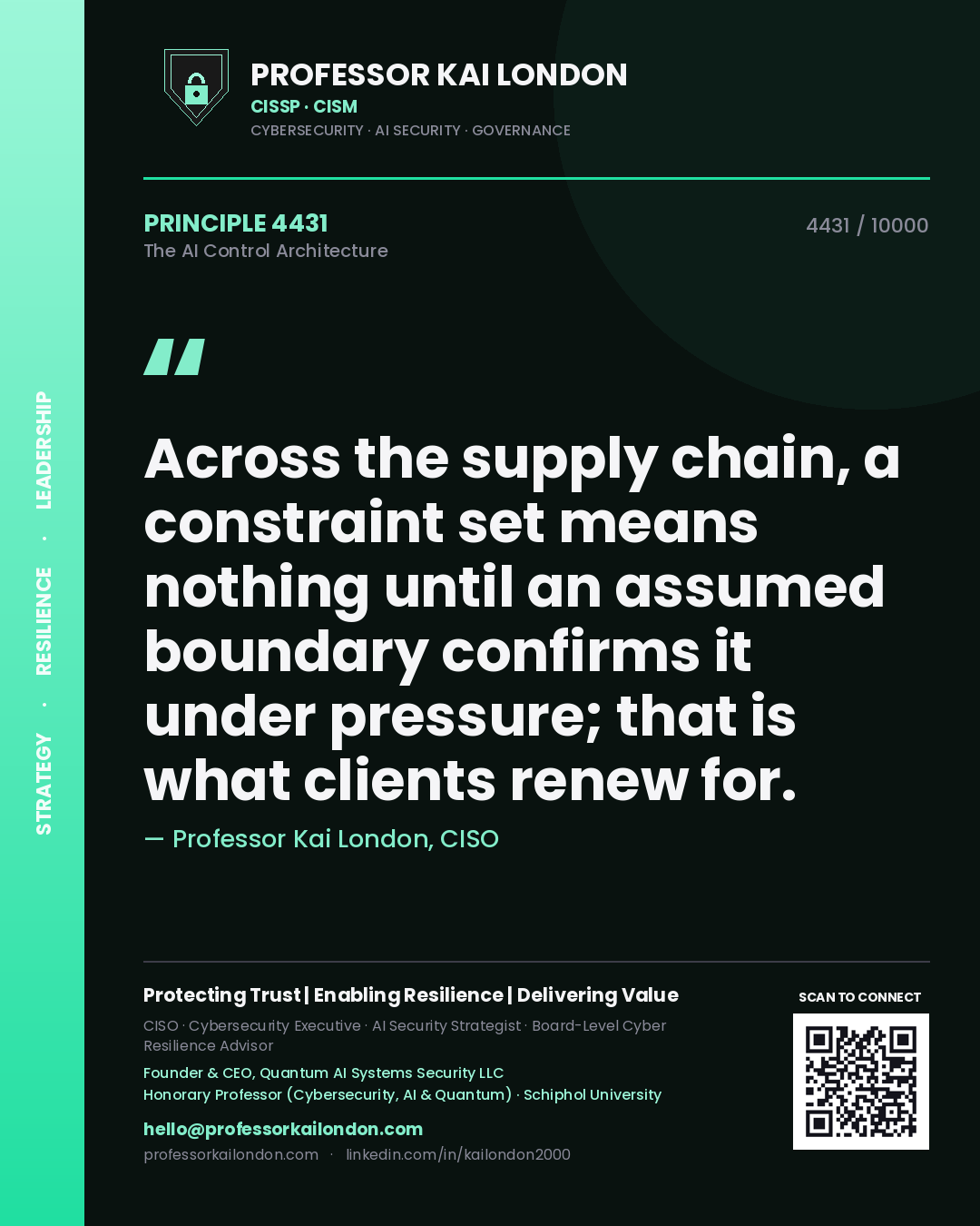 Quote card by Professor Kai London reading 'Across the supply chain, a constraint set means nothing until an assumed boundary confirms it under pressure; that is what clients renew for.'. From the book The AI Control Architecture.