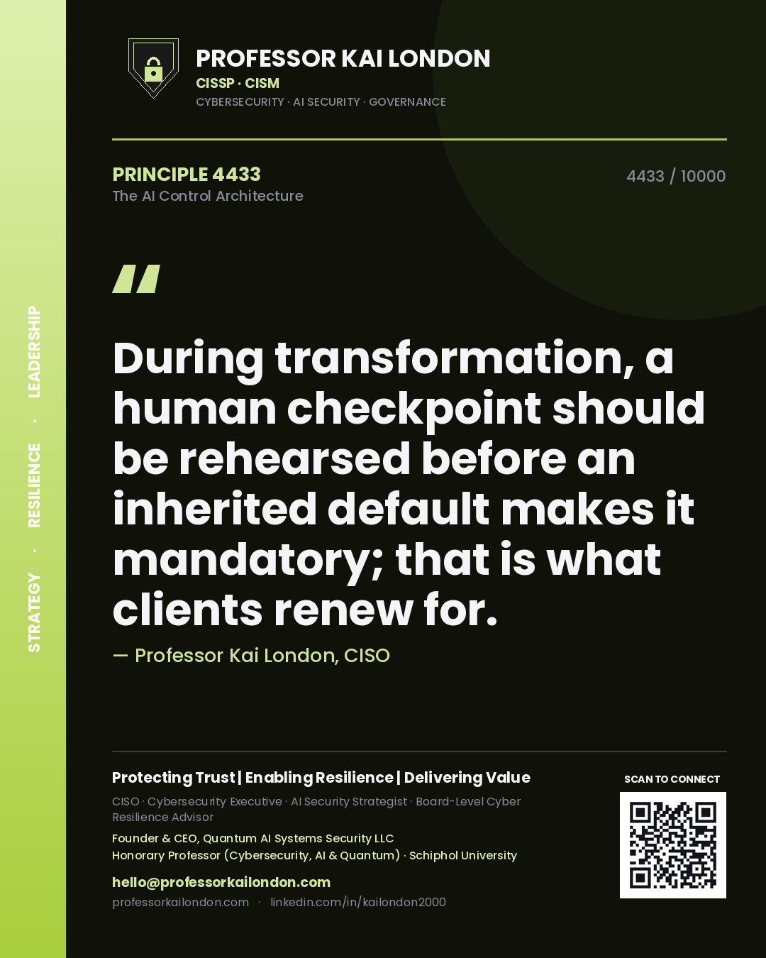 Quote card by Professor Kai London reading 'During transformation, a human checkpoint should be rehearsed before an inherited default makes it mandatory; that is what clients renew for.'. From the book The AI Control Architecture.