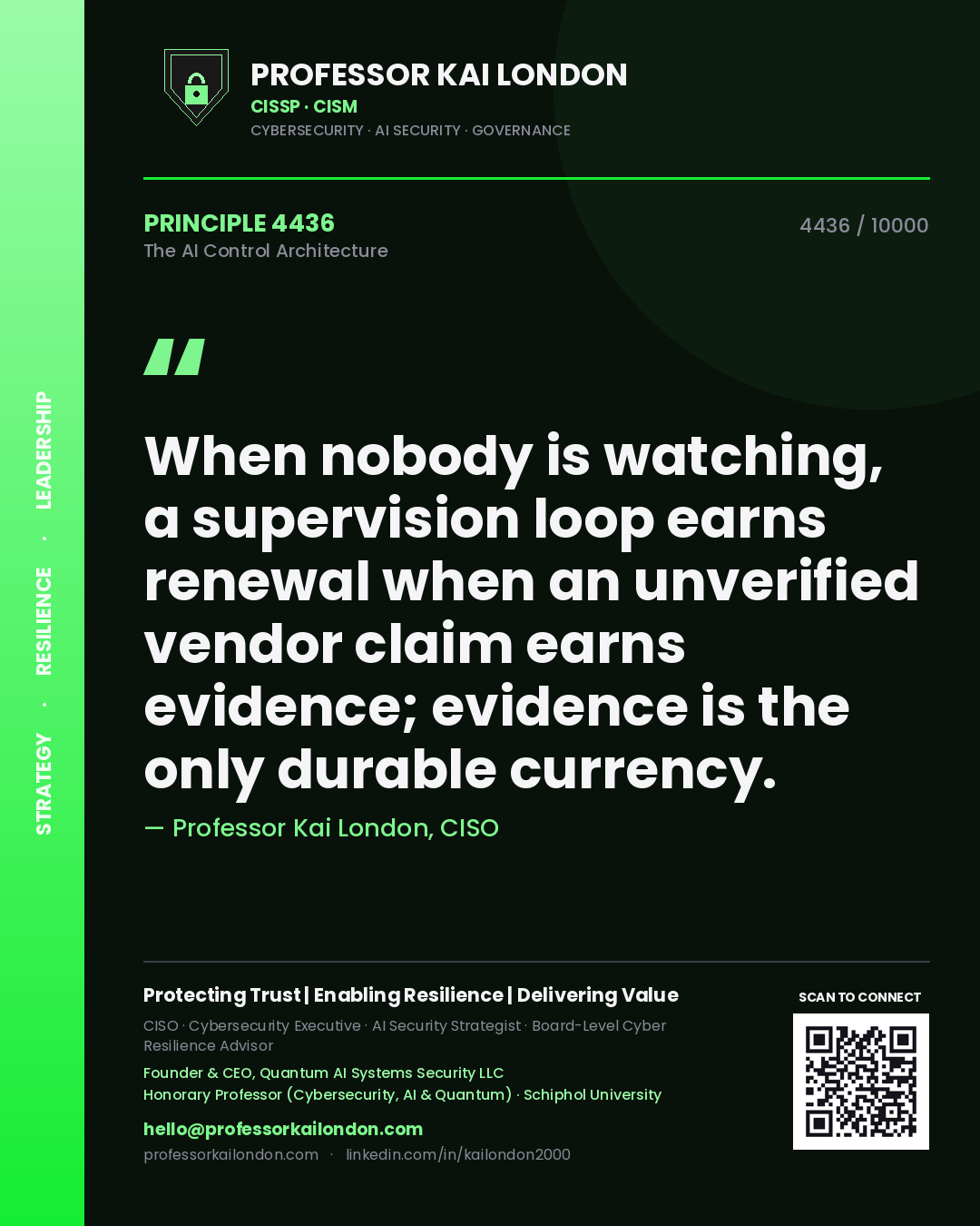 Professor Kai London principle 4436: When nobody is watching, a supervision loop earns renewal when an unverified vendor claim earns evidence; evidence is the only durable currency.