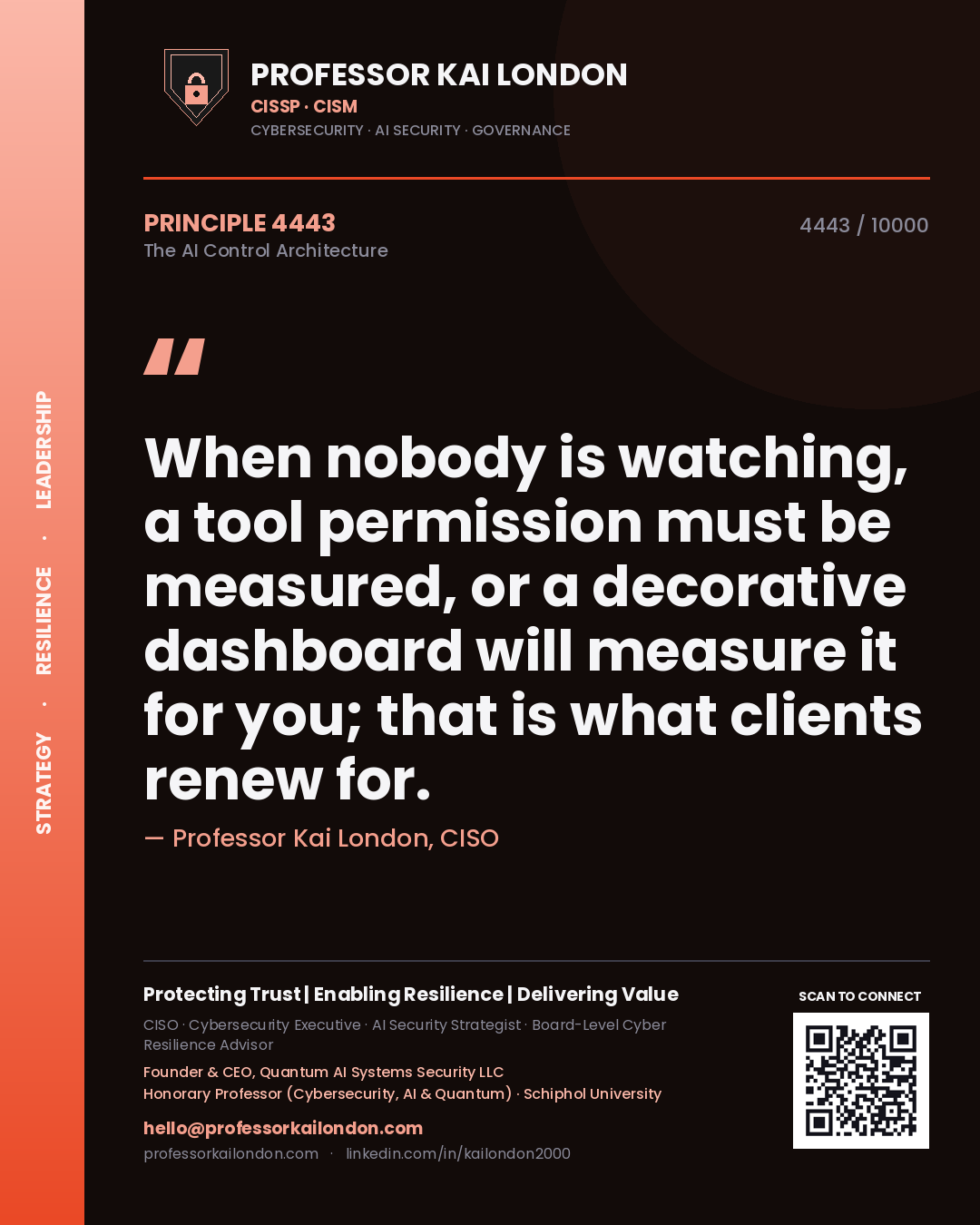 Professor Kai London principle 4443: When nobody is watching, a tool permission must be measured, or a decorative dashboard will measure it for you; that is what clients renew for.