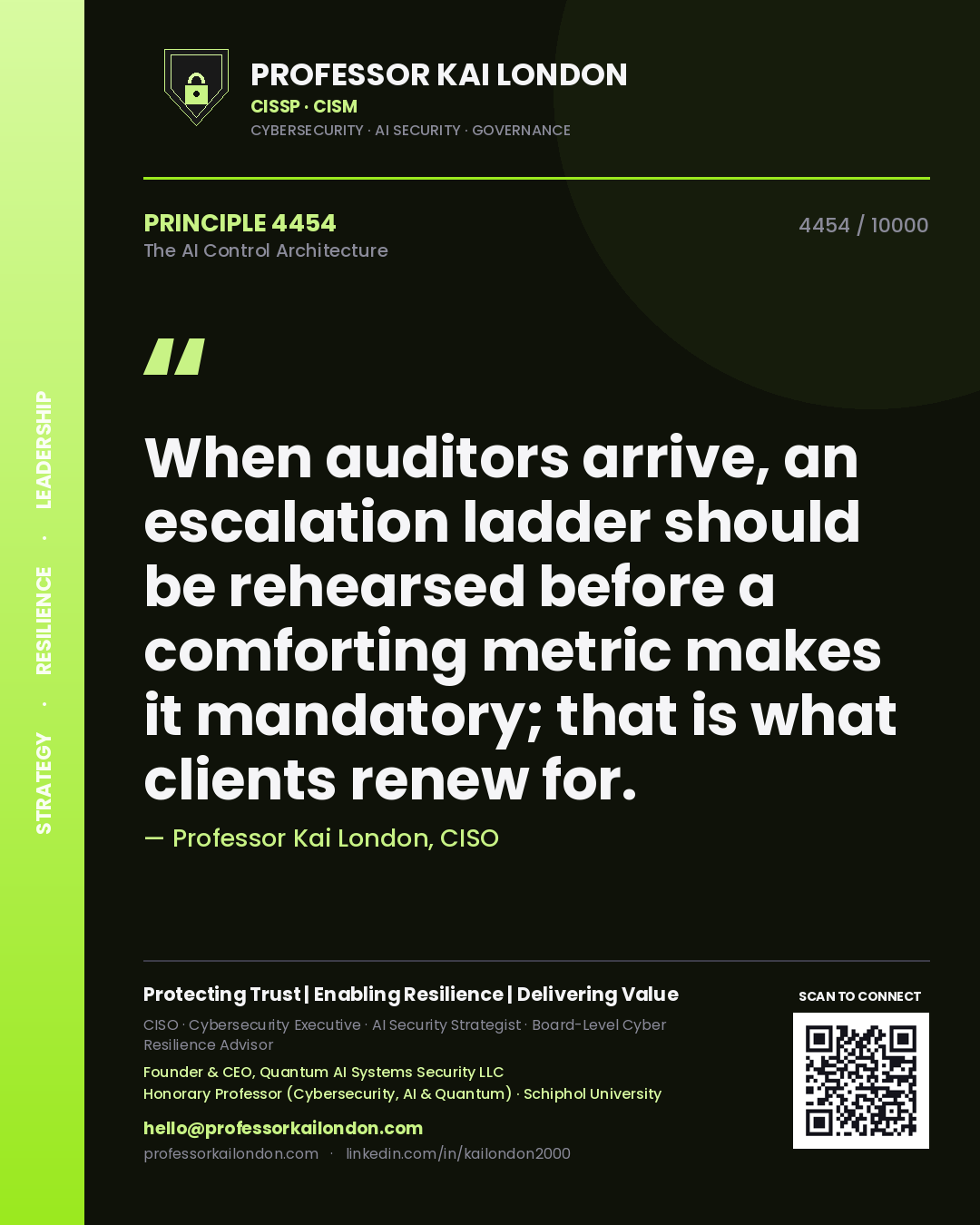 Professor Kai London principle 4454: When auditors arrive, an escalation ladder should be rehearsed before a comforting metric makes it mandatory; that is what clients renew for.