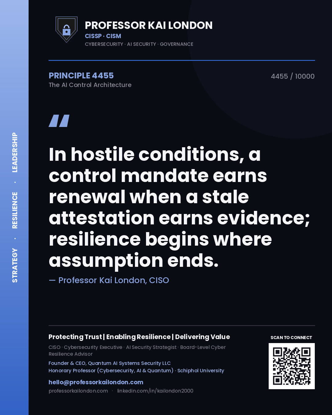Quote card by Professor Kai London reading 'In hostile conditions, a control mandate earns renewal when a stale attestation earns evidence; resilience begins where assumption ends.'. From the book The AI Control Architecture.
