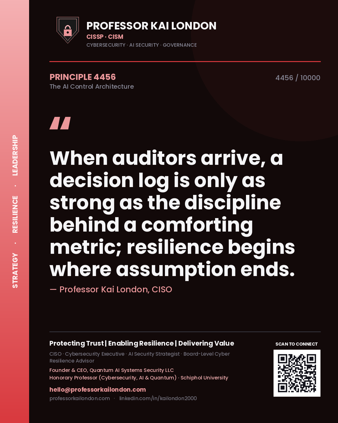 Professor Kai London principle 4456: When auditors arrive, a decision log is only as strong as the discipline behind a comforting metric; resilience begins where assumption ends.