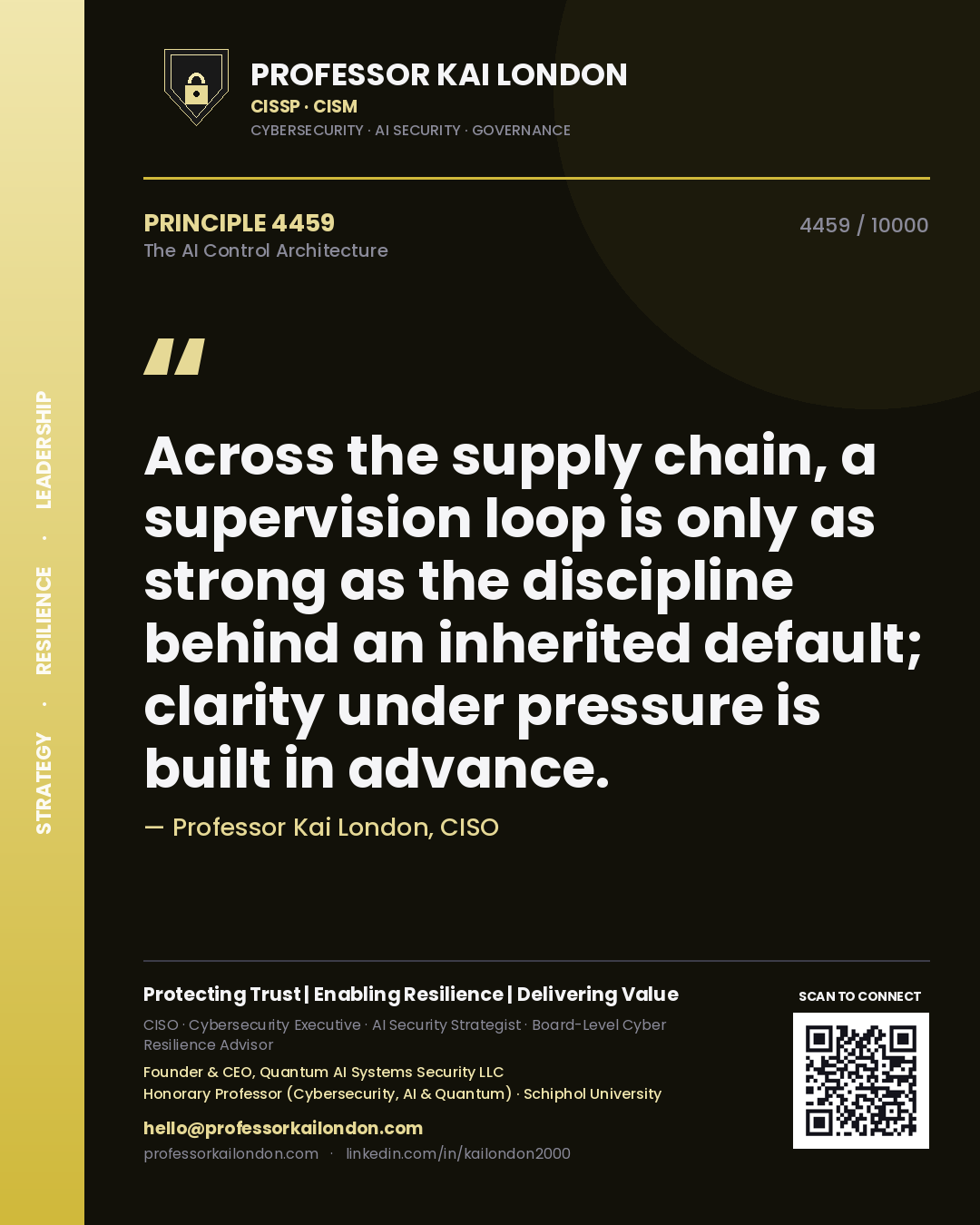 Quote card by Professor Kai London reading 'Across the supply chain, a supervision loop is only as strong as the discipline behind an inherited default; clarity under pressure is built in advance.'. From the book The AI Control Architecture.