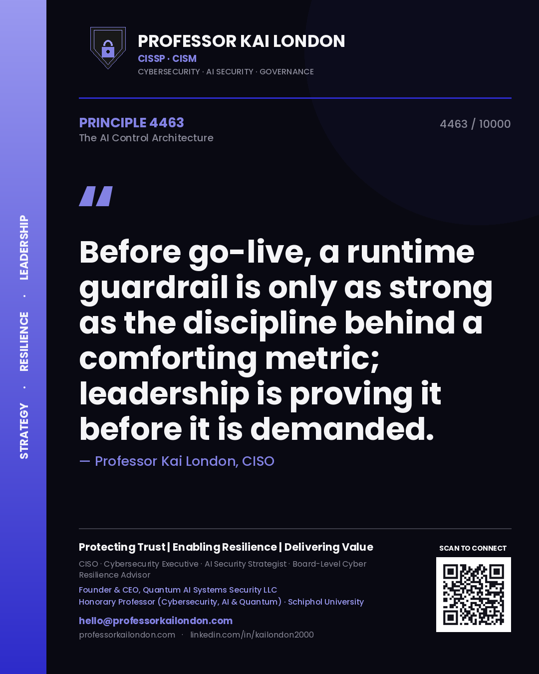 Quote card by Professor Kai London reading 'Before go-live, a runtime guardrail is only as strong as the discipline behind a comforting metric; leadership is proving it before it is demanded.'. From the book The AI Control Architecture.