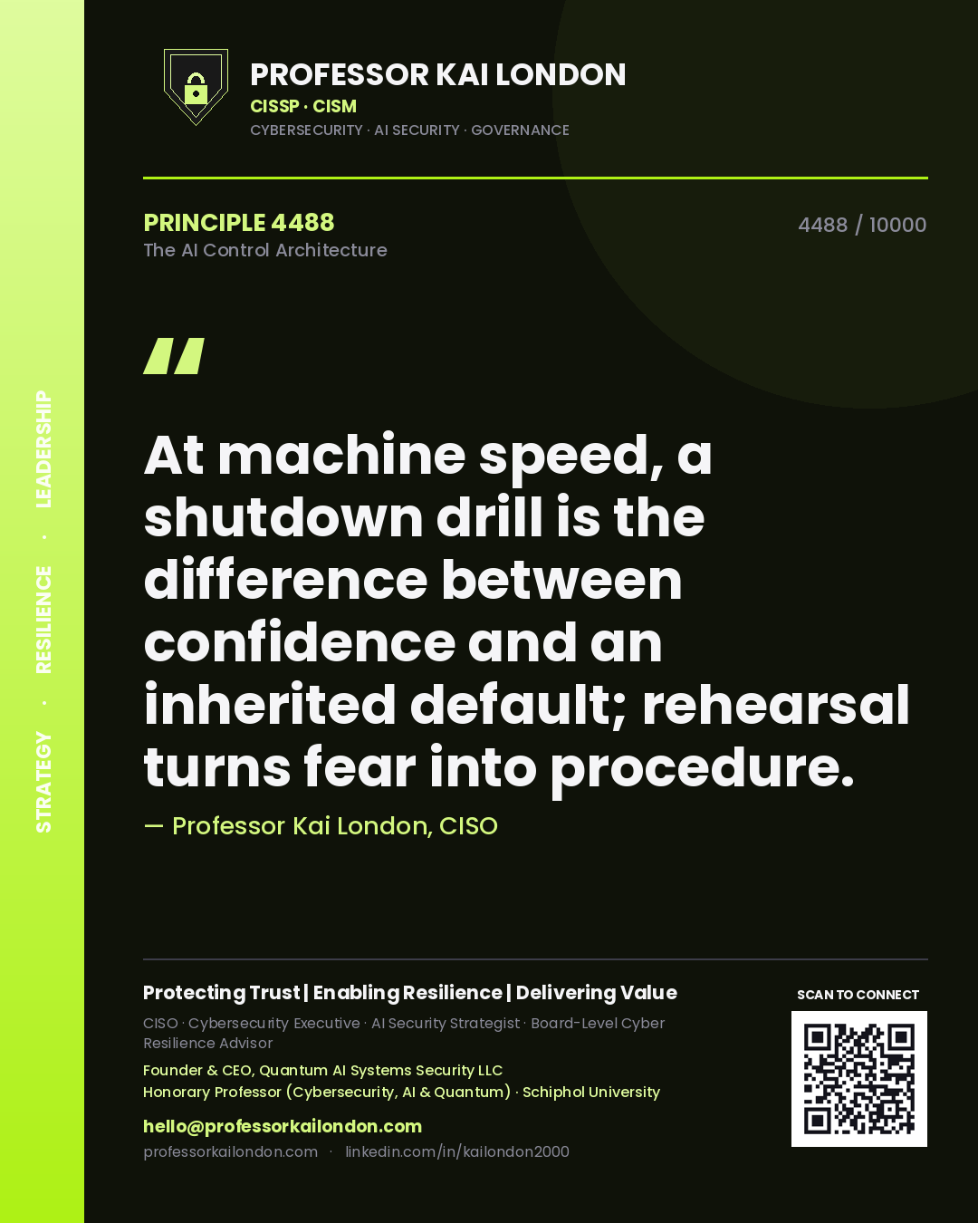 Quote card by Professor Kai London reading 'At machine speed, a shutdown drill is the difference between confidence and an inherited default; rehearsal turns fear into procedure.'. From the book The AI Control Architecture.