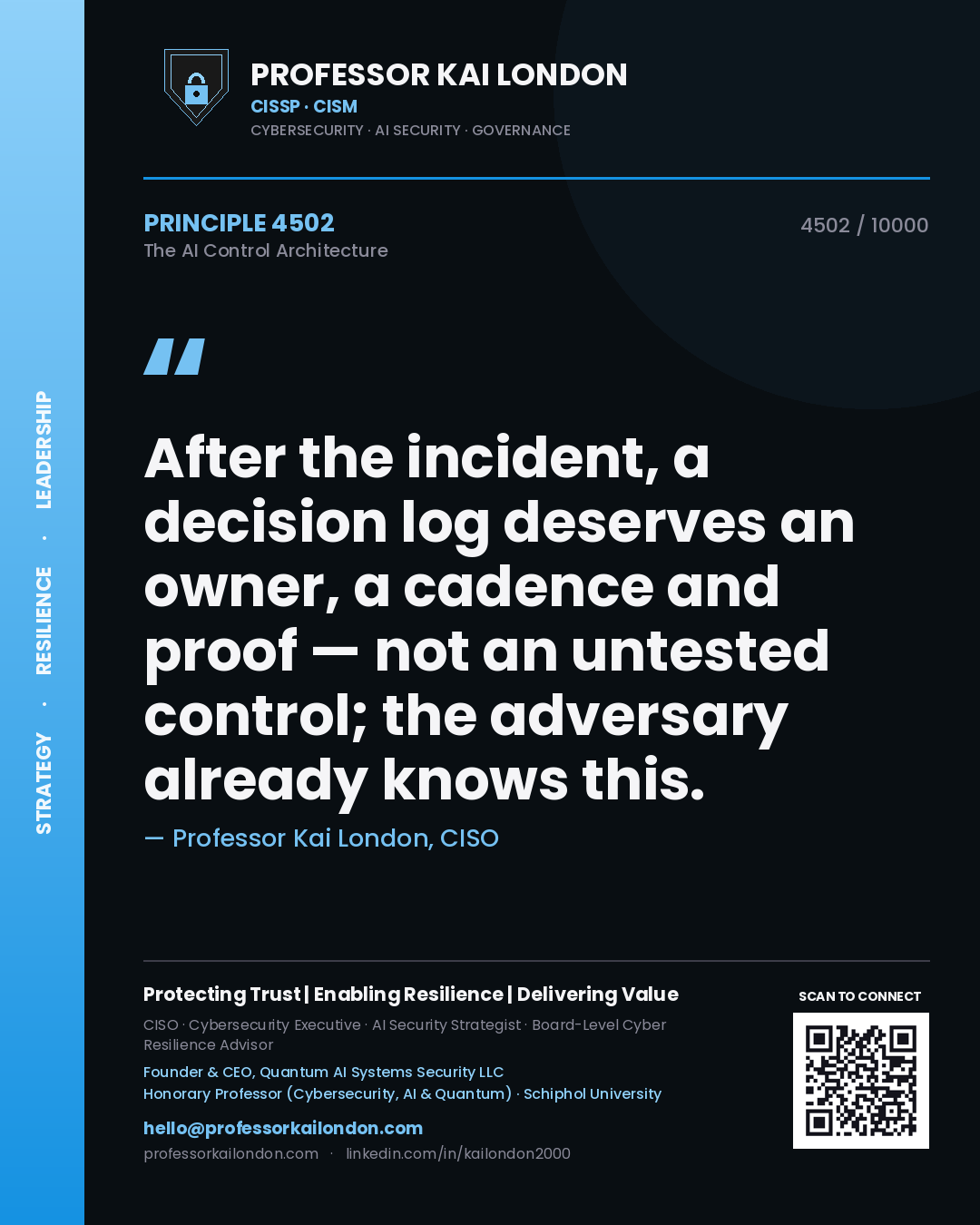 Quote card by Professor Kai London reading 'After the incident, a decision log deserves an owner, a cadence and proof — not an untested control; the adversary already knows this.'. From the book The AI Control Architecture.