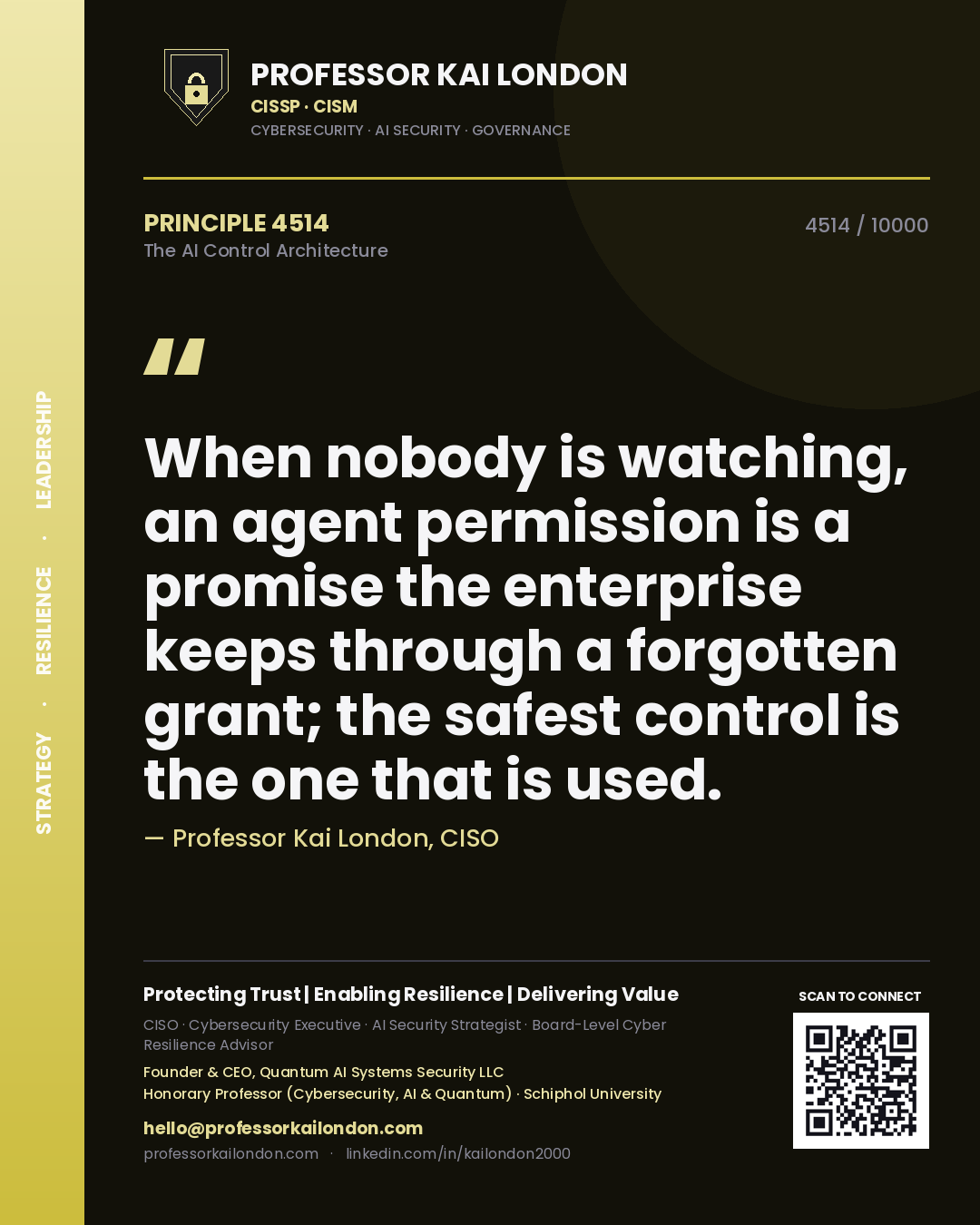 Quote card by Professor Kai London reading 'When nobody is watching, an agent permission is a promise the enterprise keeps through a forgotten grant; the safest control is the one that is used.'. From the book The AI Control Architecture.