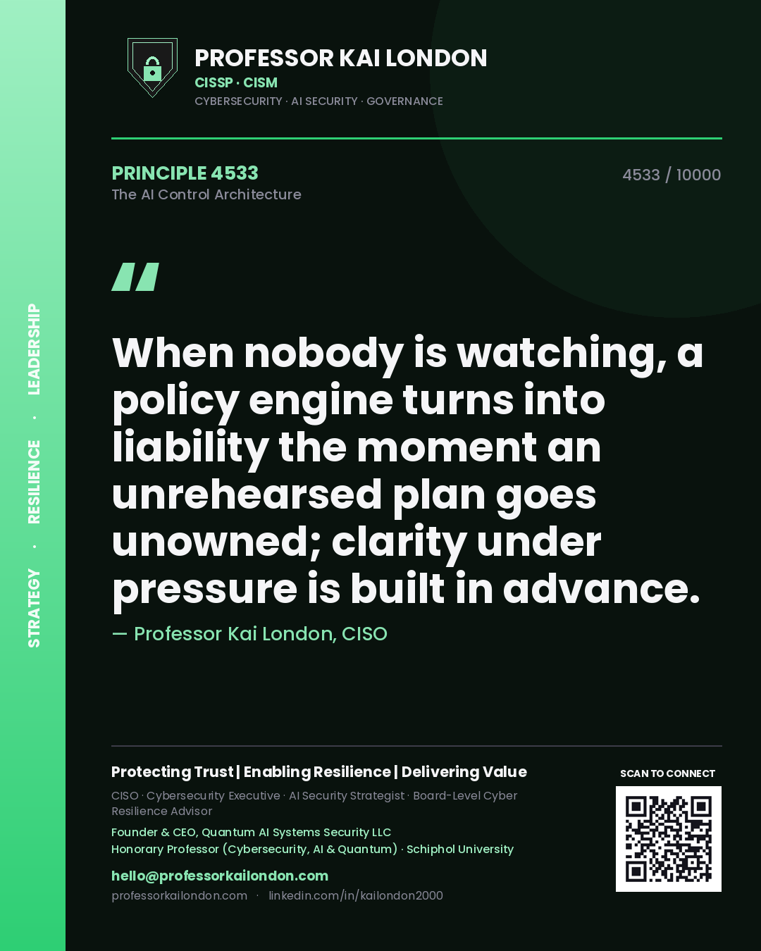 Quote card by Professor Kai London reading 'When nobody is watching, a policy engine turns into liability the moment an unrehearsed plan goes unowned; clarity under pressure is built in advance.'. From the book The AI Control Architecture.