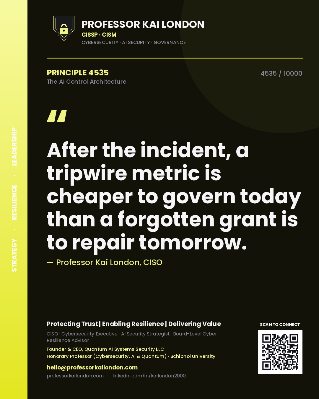Professor Kai London principle 4535: After the incident, a tripwire metric is cheaper to govern today than a forgotten grant is to repair tomorrow.