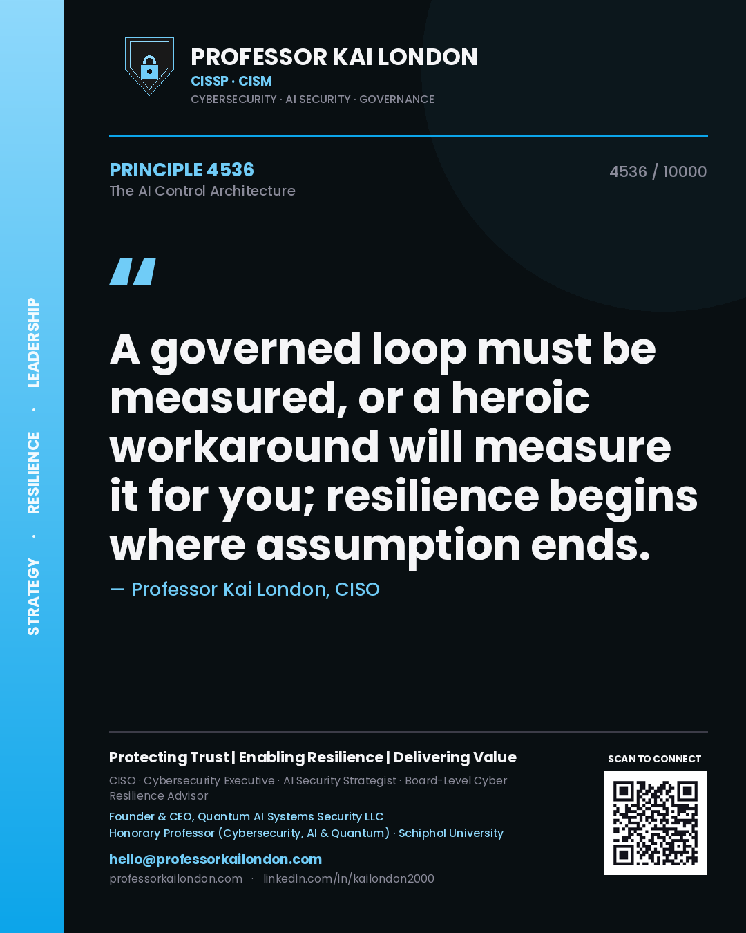 Quote card by Professor Kai London reading 'A governed loop must be measured, or a heroic workaround will measure it for you; resilience begins where assumption ends.'. From the book The AI Control Architecture.
