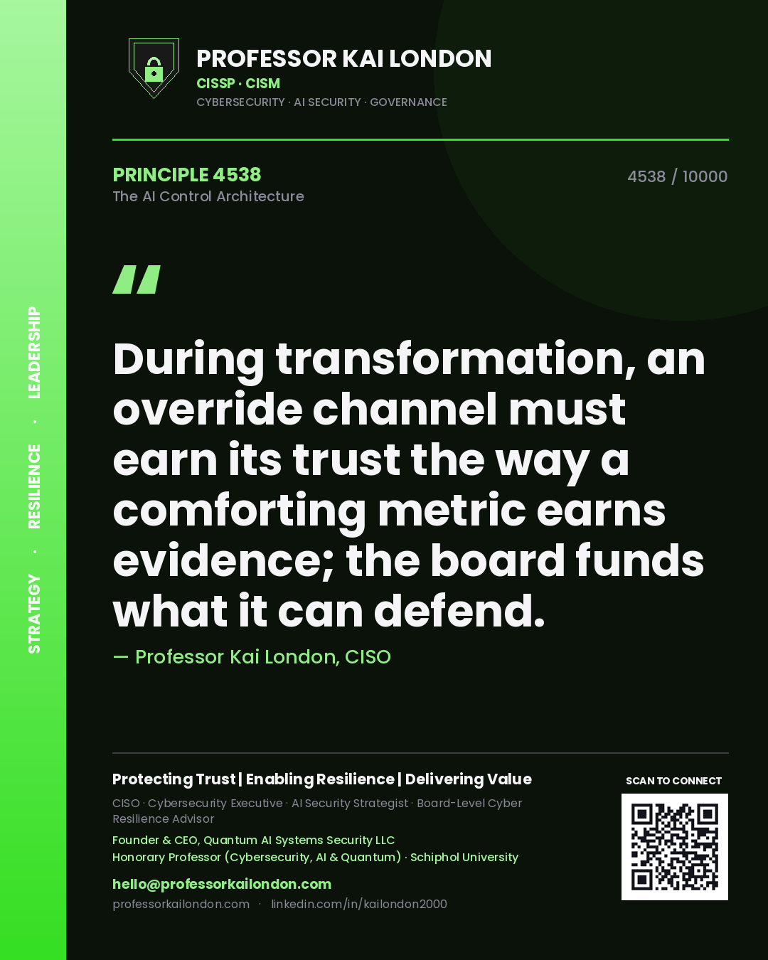 Quote card by Professor Kai London reading 'During transformation, an override channel must earn its trust the way a comforting metric earns evidence; the board funds what it can defend.'. From the book The AI Control Architecture.