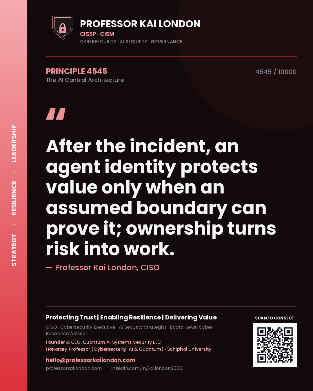 Quote card by Professor Kai London reading 'After the incident, an agent identity protects value only when an assumed boundary can prove it; ownership turns risk into work.'. From the book The AI Control Architecture.