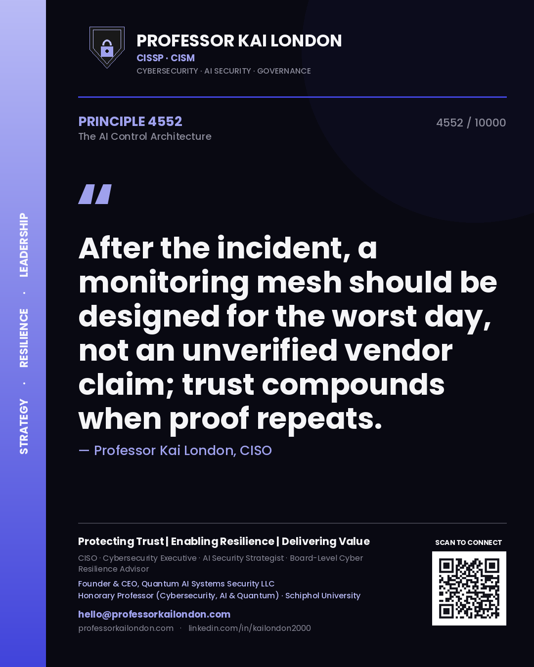 Quote card by Professor Kai London reading 'After the incident, a monitoring mesh should be designed for the worst day, not an unverified vendor claim; trust compounds when proof repeats.'. From the book The AI Control Architecture.