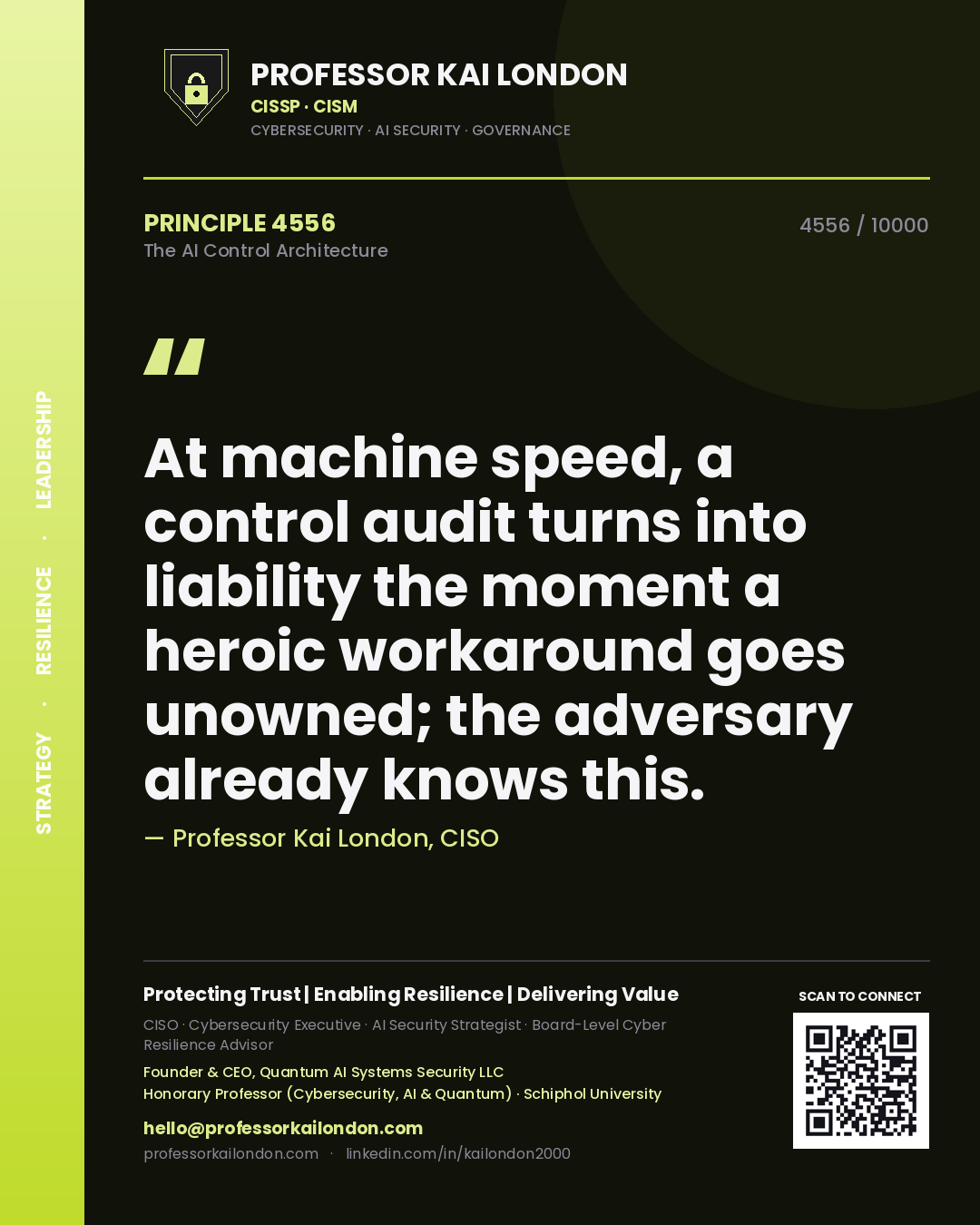 Quote card by Professor Kai London reading 'At machine speed, a control audit turns into liability the moment a heroic workaround goes unowned; the adversary already knows this.'. From the book The AI Control Architecture.