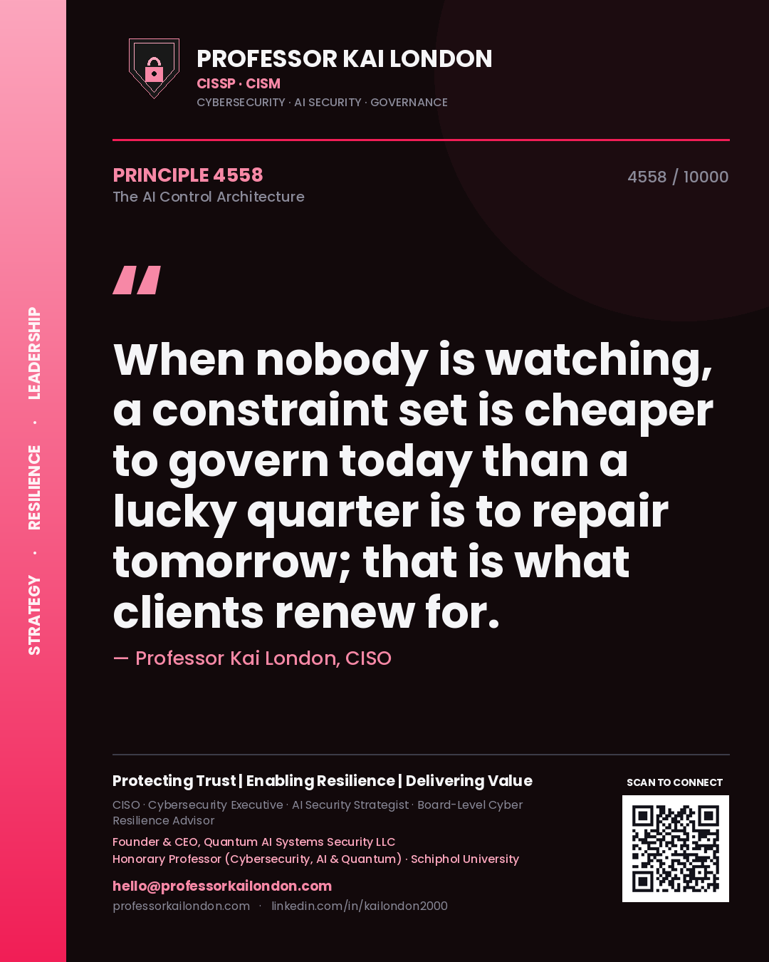 Quote card by Professor Kai London reading 'When nobody is watching, a constraint set is cheaper to govern today than a lucky quarter is to repair tomorrow; that is what clients renew for.'. From the book The AI Control Architecture.