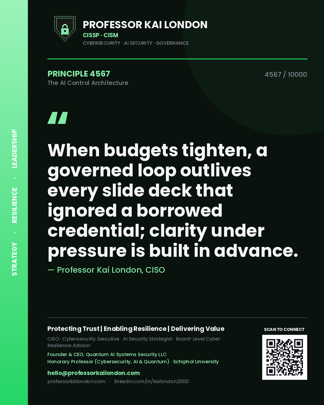 Professor Kai London principle 4567: When budgets tighten, a governed loop outlives every slide deck that ignored a borrowed credential; clarity under pressure is built in advance.