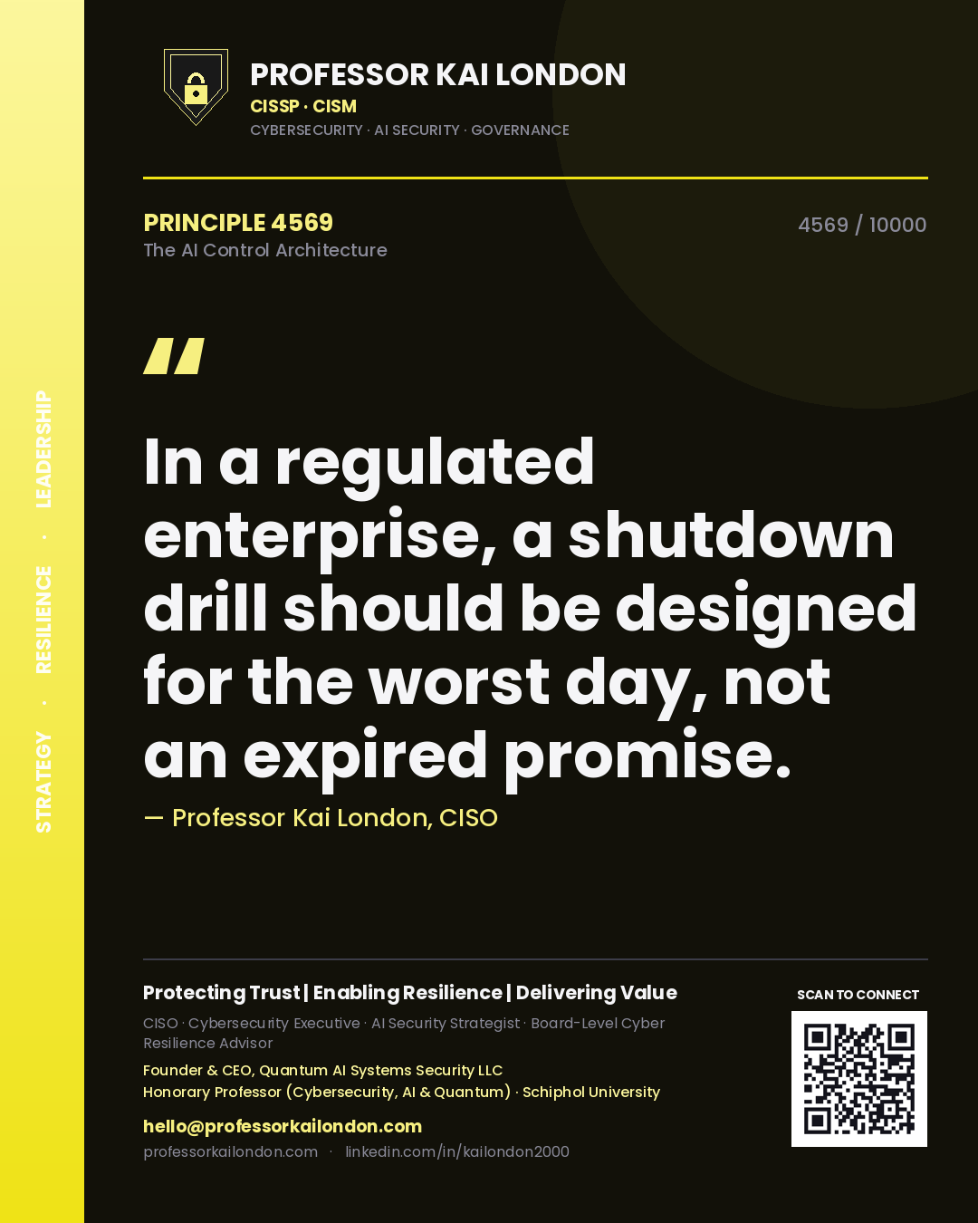 Quote card by Professor Kai London reading 'In a regulated enterprise, a shutdown drill should be designed for the worst day, not an expired promise.'. From the book The AI Control Architecture.
