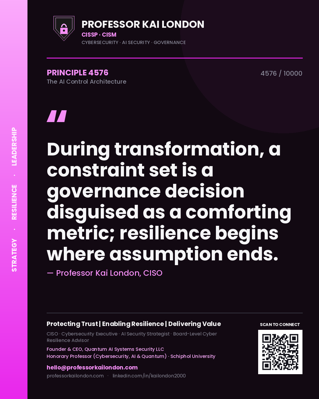 Quote card by Professor Kai London reading 'During transformation, a constraint set is a governance decision disguised as a comforting metric; resilience begins where assumption ends.'. From the book The AI Control Architecture.