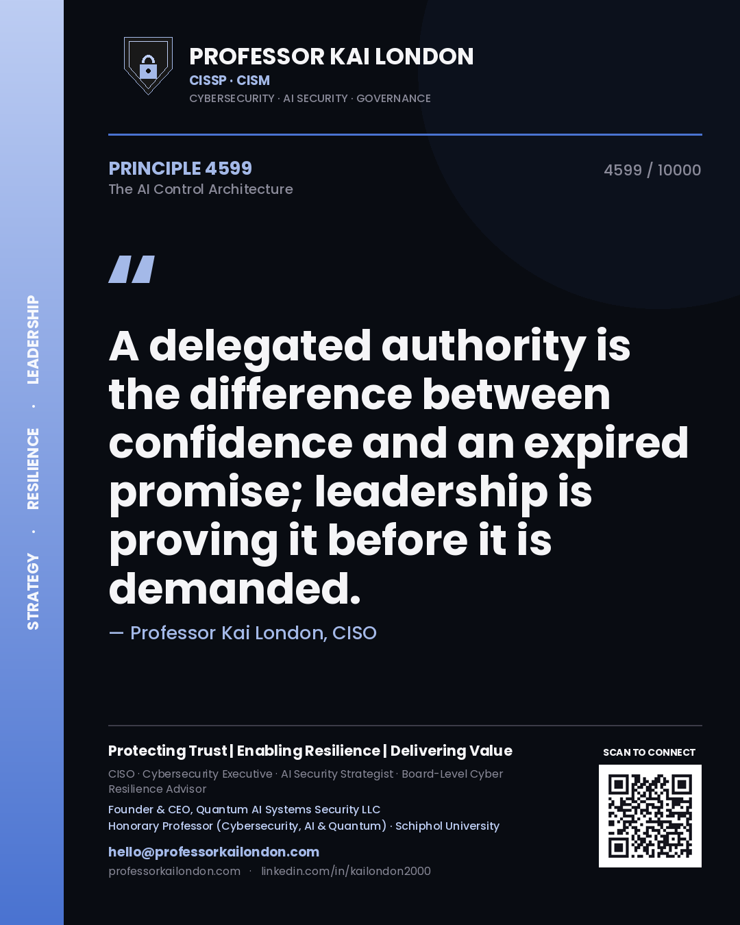 Quote card by Professor Kai London reading 'A delegated authority is the difference between confidence and an expired promise; leadership is proving it before it is demanded.'. From the book The AI Control Architecture.