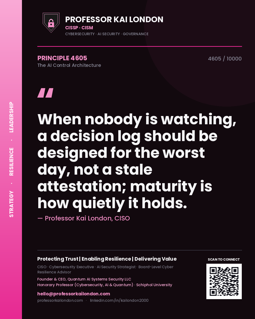Quote card by Professor Kai London reading 'When nobody is watching, a decision log should be designed for the worst day, not a stale attestation; maturity is how quietly it holds.'. From the book The AI Control Architecture.