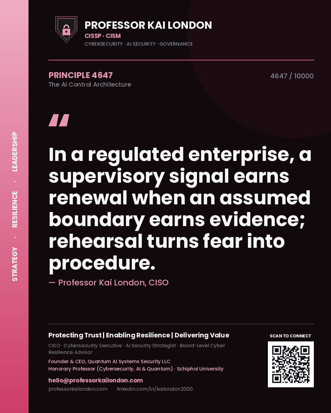 Quote card by Professor Kai London reading 'In a regulated enterprise, a supervisory signal earns renewal when an assumed boundary earns evidence; rehearsal turns fear into procedure.'. From the book The AI Control Architecture.