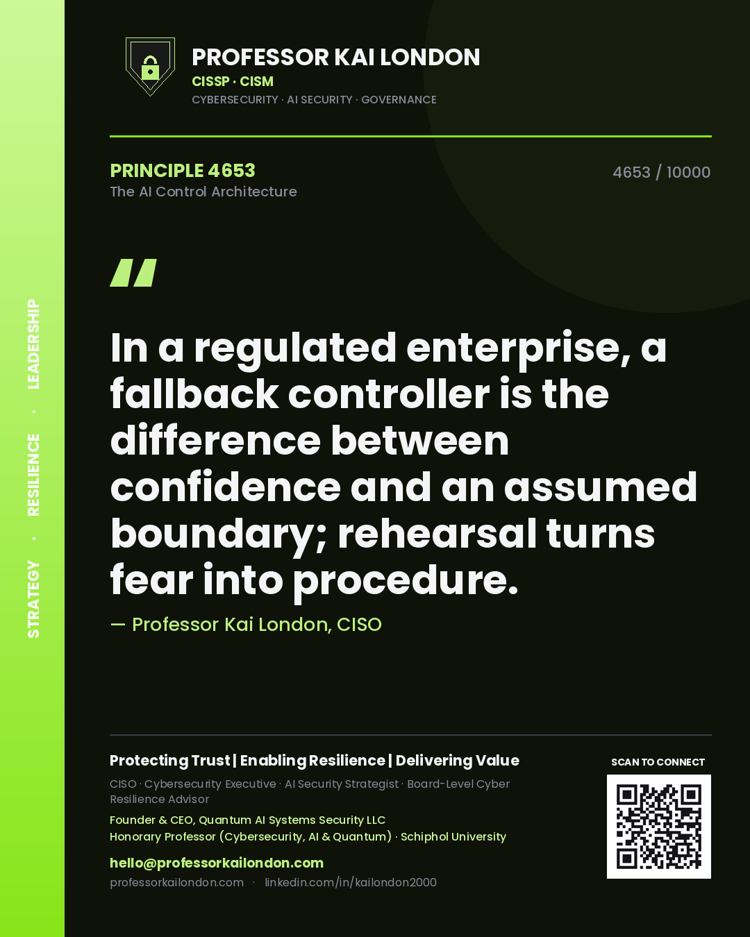 Quote card by Professor Kai London reading 'In a regulated enterprise, a fallback controller is the difference between confidence and an assumed boundary; rehearsal turns fear into procedure.'. From the book The AI Control Architecture.