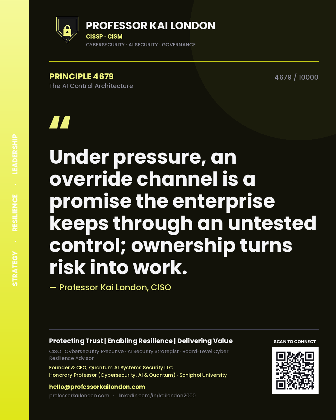 Quote card by Professor Kai London reading 'Under pressure, an override channel is a promise the enterprise keeps through an untested control; ownership turns risk into work.'. From the book The AI Control Architecture.
