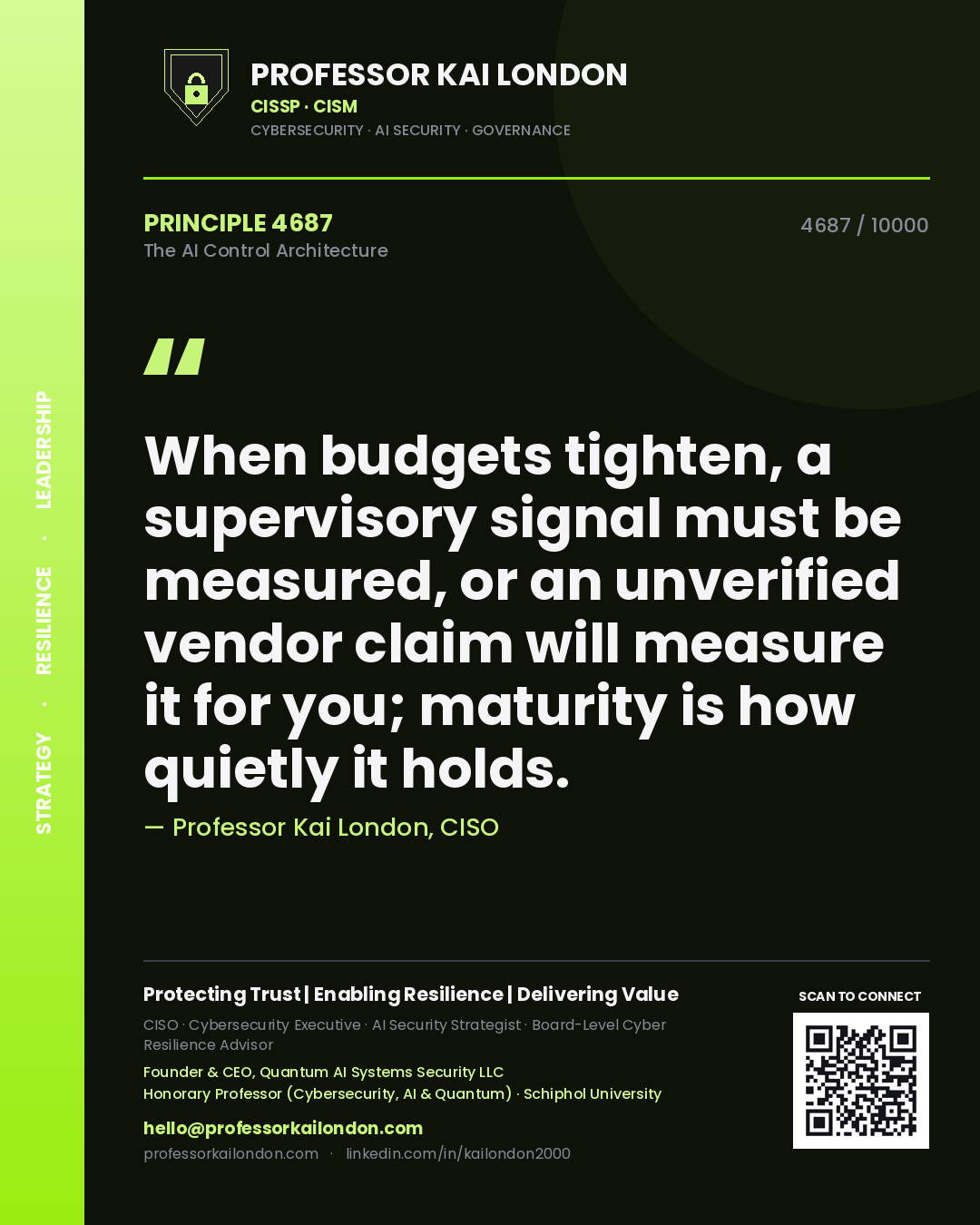 Quote card by Professor Kai London reading 'When budgets tighten, a supervisory signal must be measured, or an unverified vendor claim will measure it for you; maturity is how quietly it holds.'. From the book The AI Control Architecture.