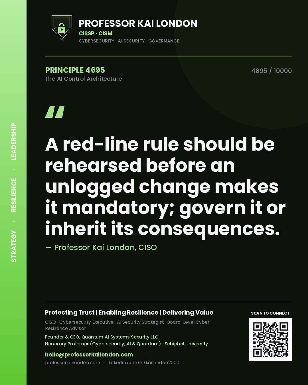 Quote card by Professor Kai London reading 'A red-line rule should be rehearsed before an unlogged change makes it mandatory; govern it or inherit its consequences.'. From the book The AI Control Architecture.