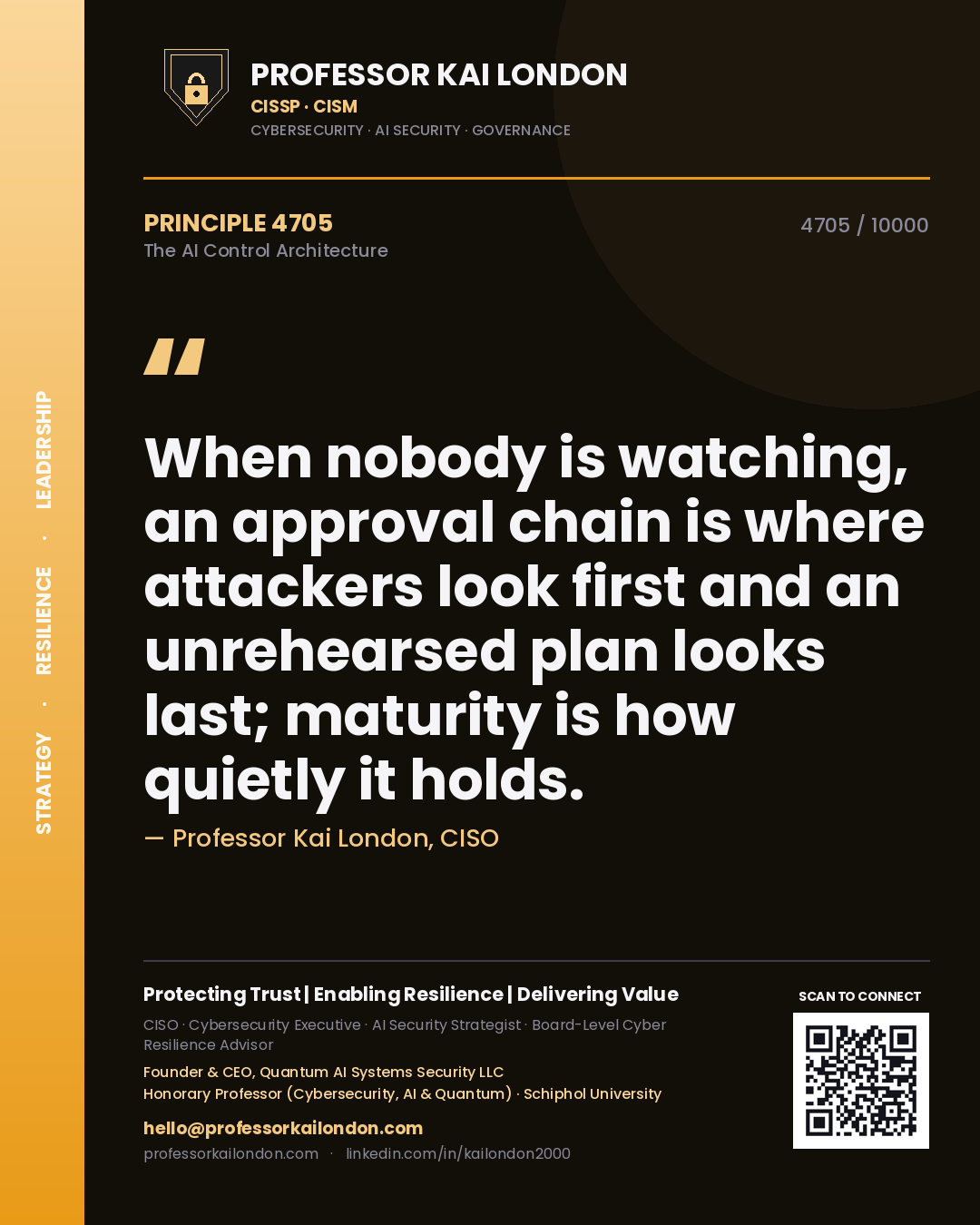 Professor Kai London principle 4705: When nobody is watching, an approval chain is where attackers look first and an unrehearsed plan looks last; maturity is how quietly it holds.