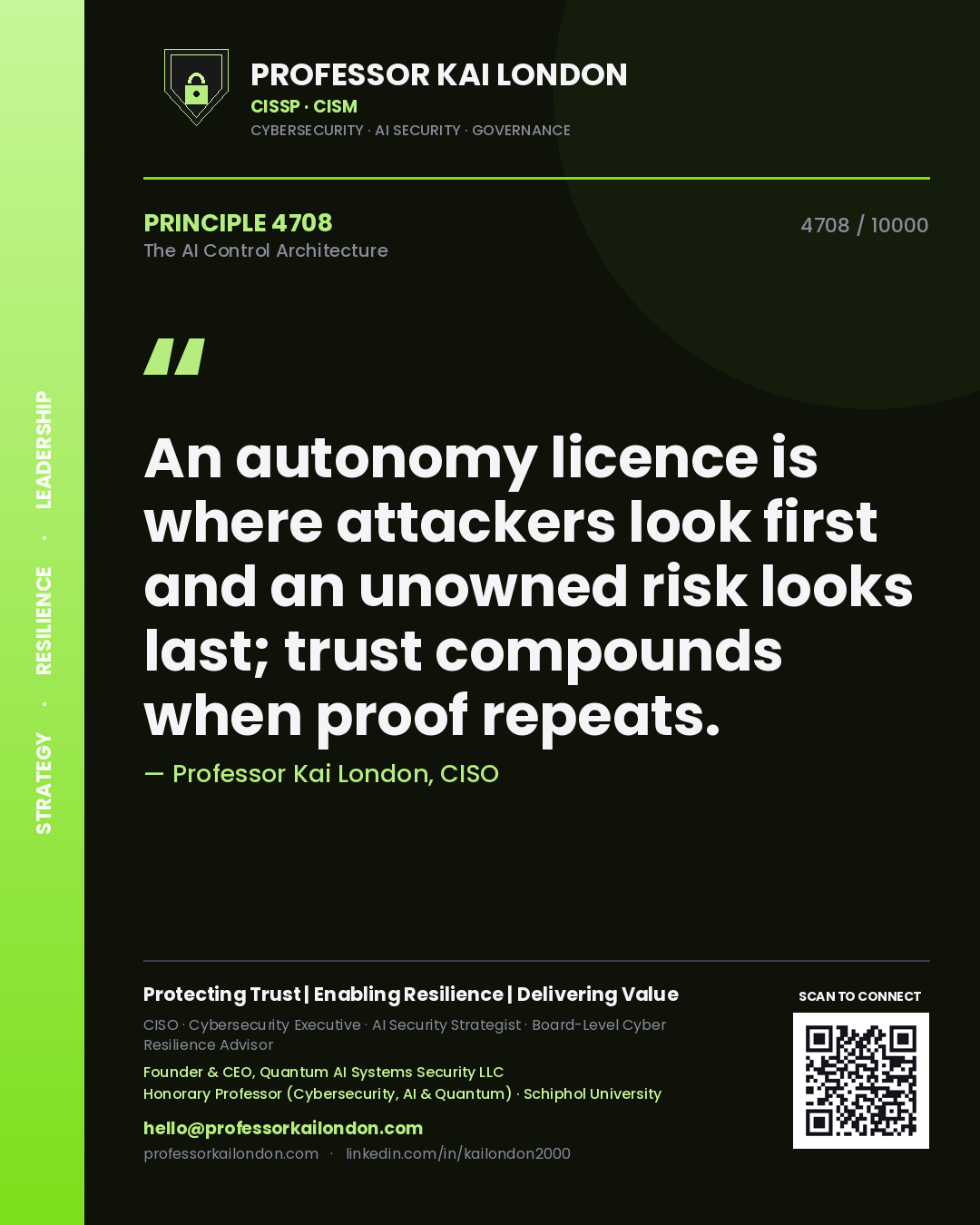 Professor Kai London principle 4708: An autonomy licence is where attackers look first and an unowned risk looks last; trust compounds when proof repeats.