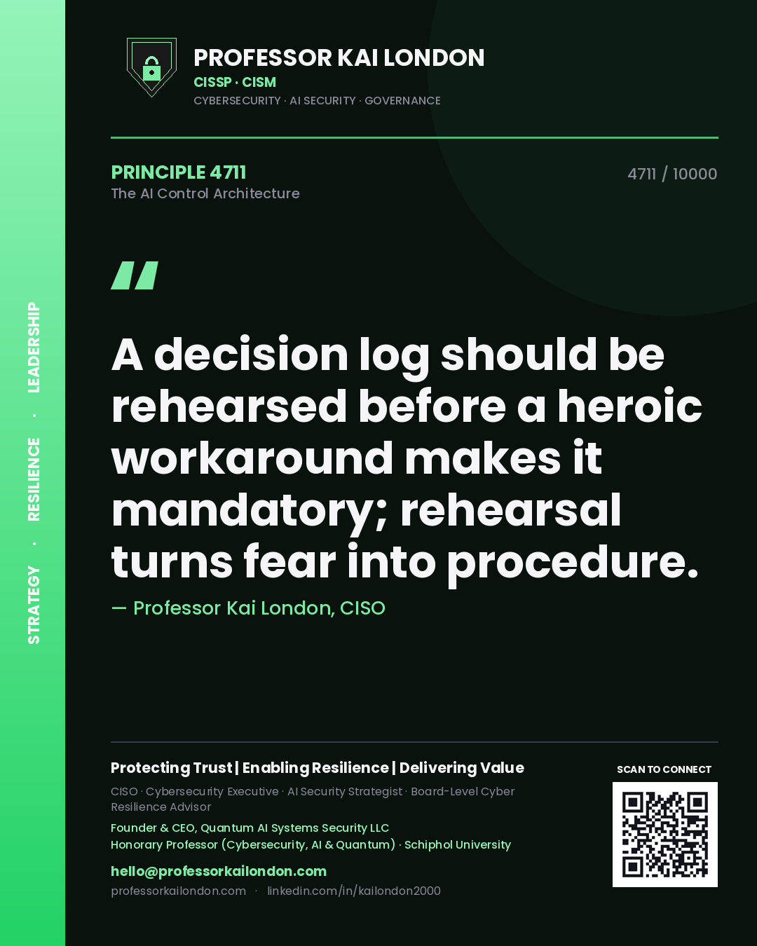 Quote card by Professor Kai London reading 'A decision log should be rehearsed before a heroic workaround makes it mandatory; rehearsal turns fear into procedure.'. From the book The AI Control Architecture.