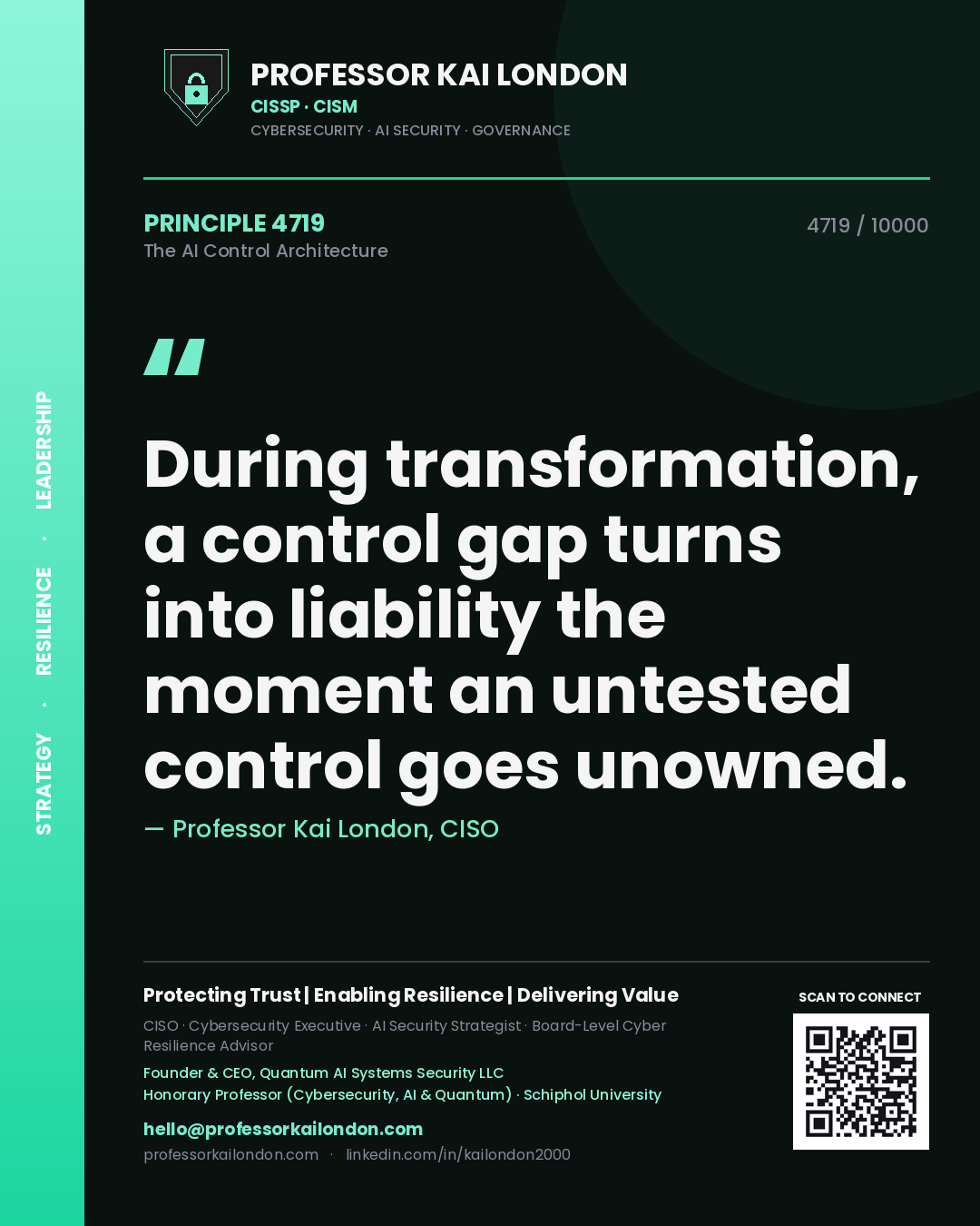 Quote card by Professor Kai London reading 'During transformation, a control gap turns into liability the moment an untested control goes unowned.'. From the book The AI Control Architecture.