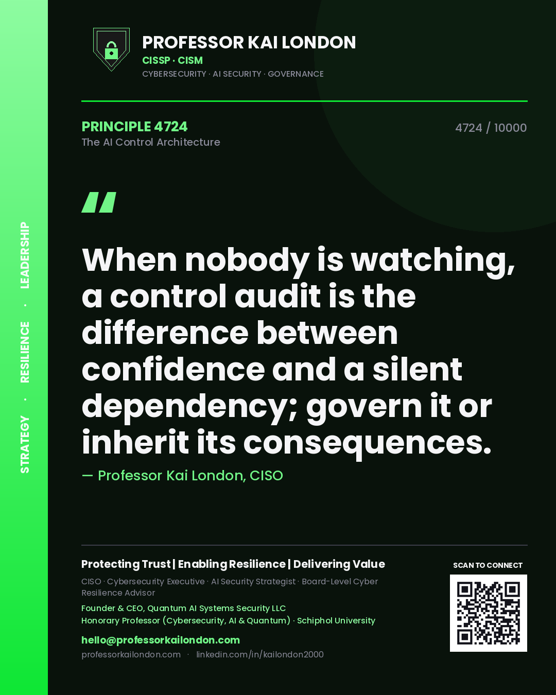 Quote card by Professor Kai London reading 'When nobody is watching, a control audit is the difference between confidence and a silent dependency; govern it or inherit its consequences.'. From the book The AI Control Architecture.