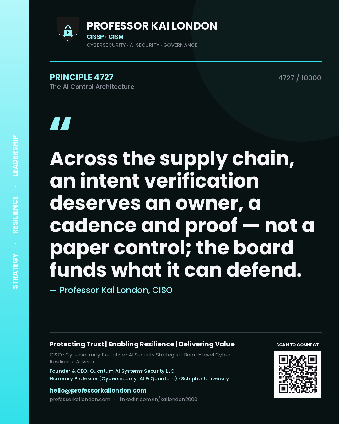 Quote card by Professor Kai London reading 'Across the supply chain, an intent verification deserves an owner, a cadence and proof — not a paper control; the board funds what it can defend.'. From the book The AI Control Architecture.