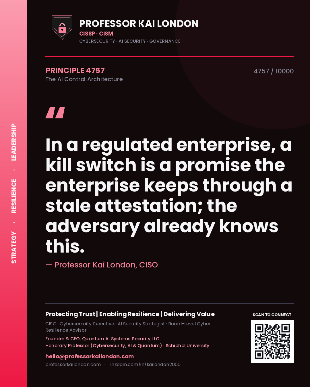 Quote card by Professor Kai London reading 'In a regulated enterprise, a kill switch is a promise the enterprise keeps through a stale attestation; the adversary already knows this.'. From the book The AI Control Architecture.