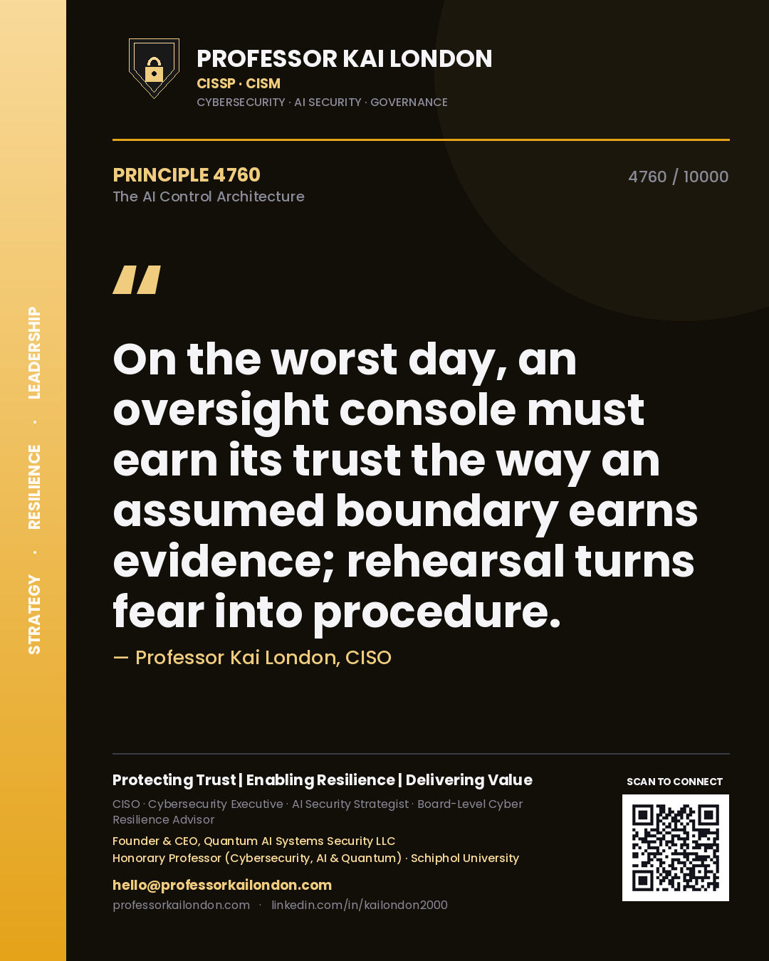 Quote card by Professor Kai London reading 'On the worst day, an oversight console must earn its trust the way an assumed boundary earns evidence; rehearsal turns fear into procedure.'. From the book The AI Control Architecture.