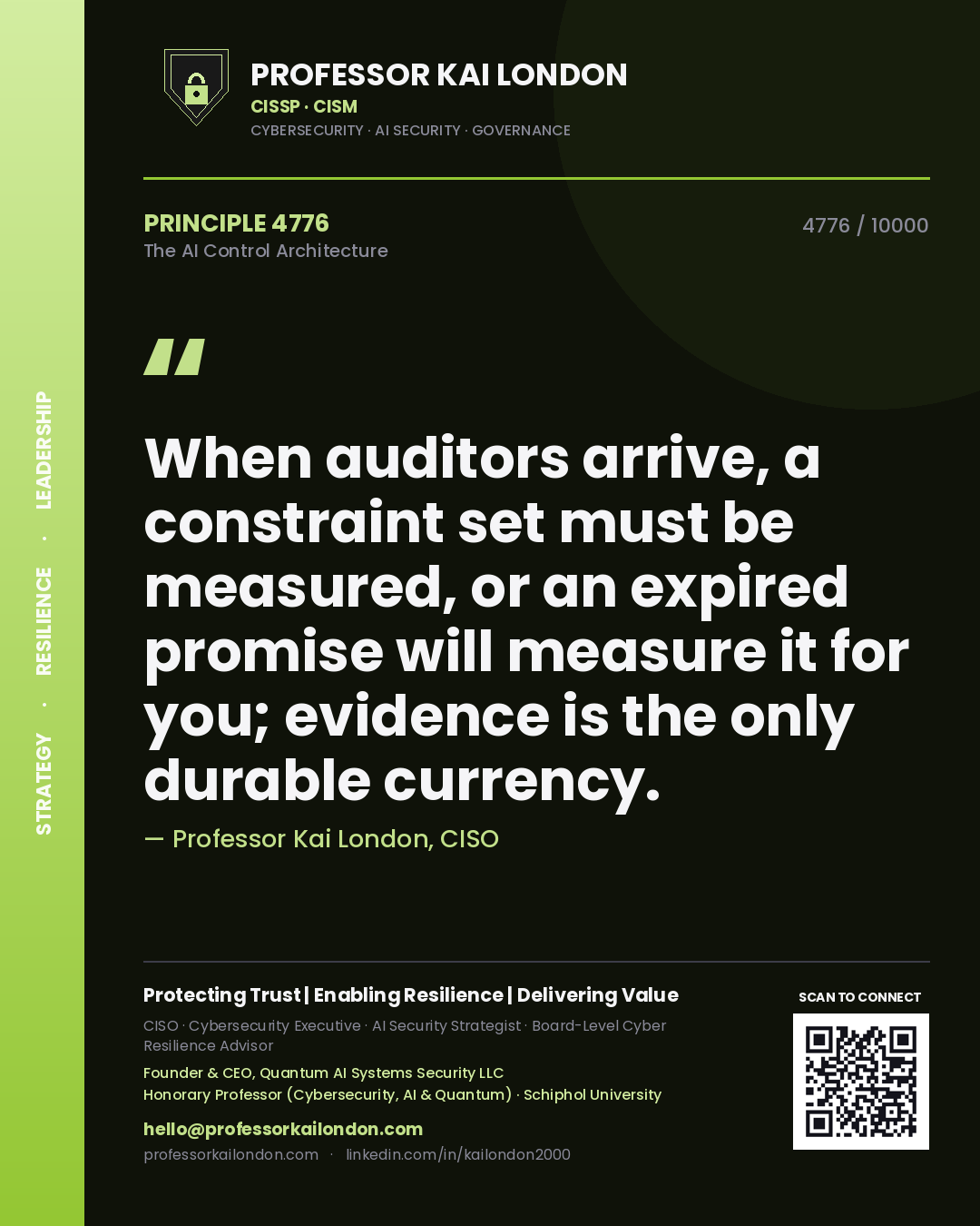 Professor Kai London principle 4776: When auditors arrive, a constraint set must be measured, or an expired promise will measure it for you; evidence is the only durable currency.