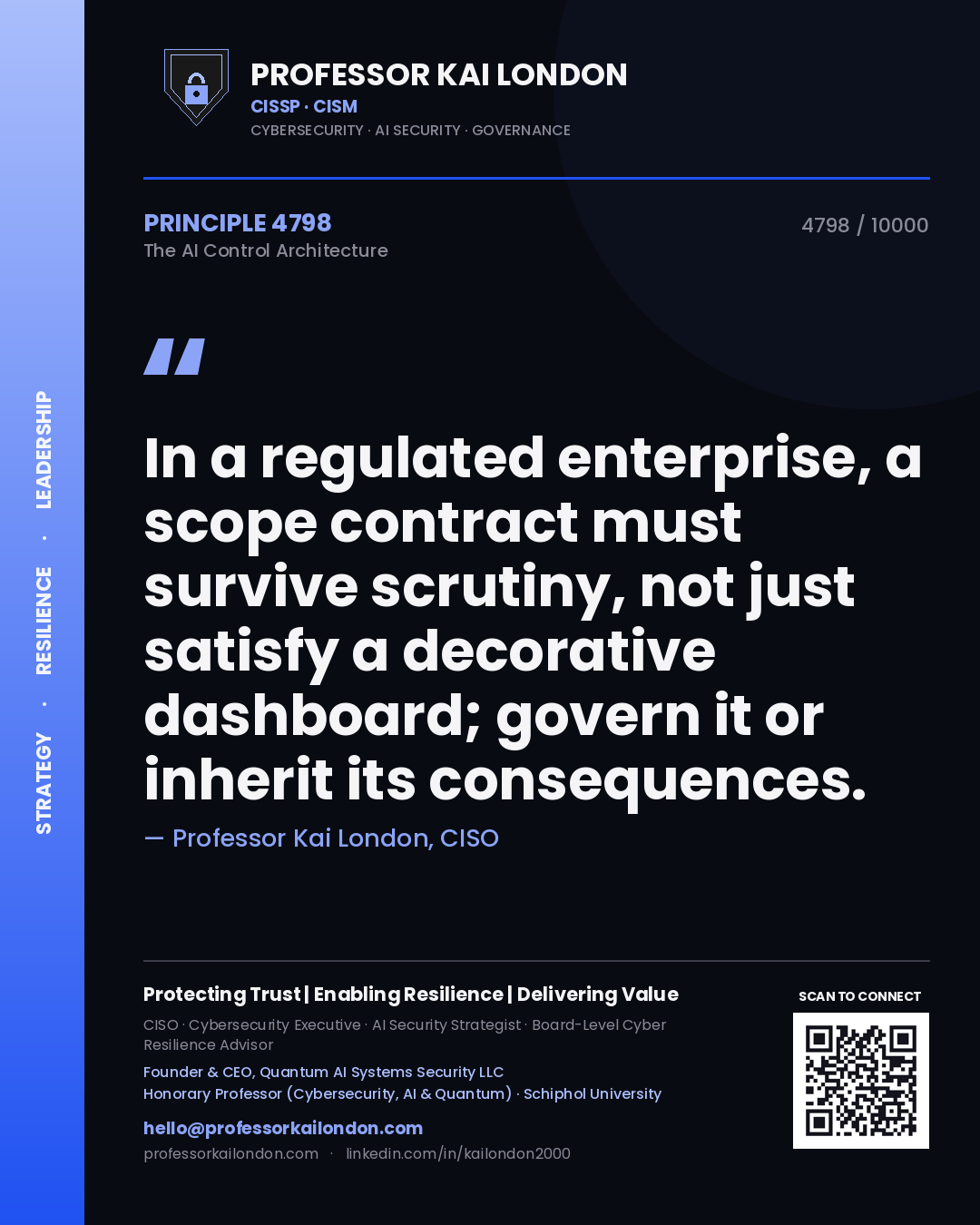 Quote card by Professor Kai London reading 'In a regulated enterprise, a scope contract must survive scrutiny, not just satisfy a decorative dashboard; govern it or inherit its consequences.'. From the book The AI Control Architecture.
