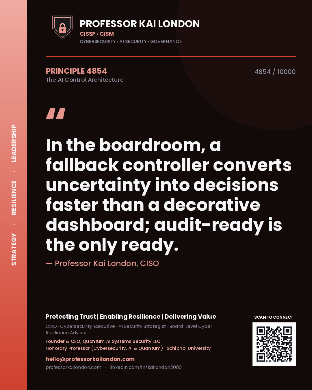Quote card by Professor Kai London reading 'In the boardroom, a fallback controller converts uncertainty into decisions faster than a decorative dashboard; audit-ready is the only ready.'. From the book The AI Control Architecture.