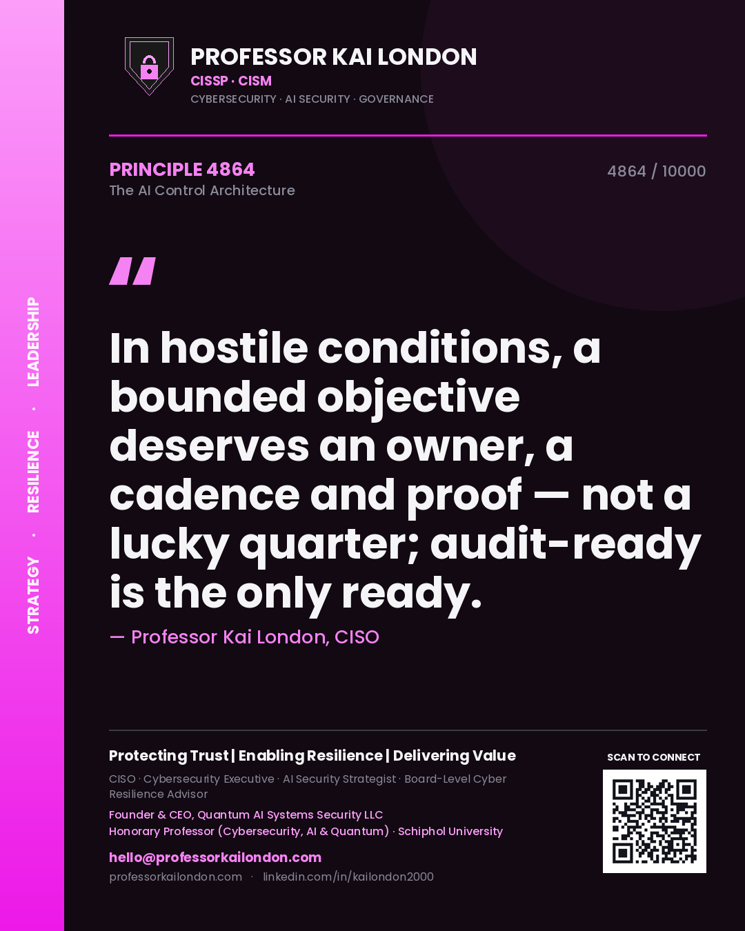 Professor Kai London principle 4864: In hostile conditions, a bounded objective deserves an owner, a cadence and proof — not a lucky quarter; audit-ready is the only ready.