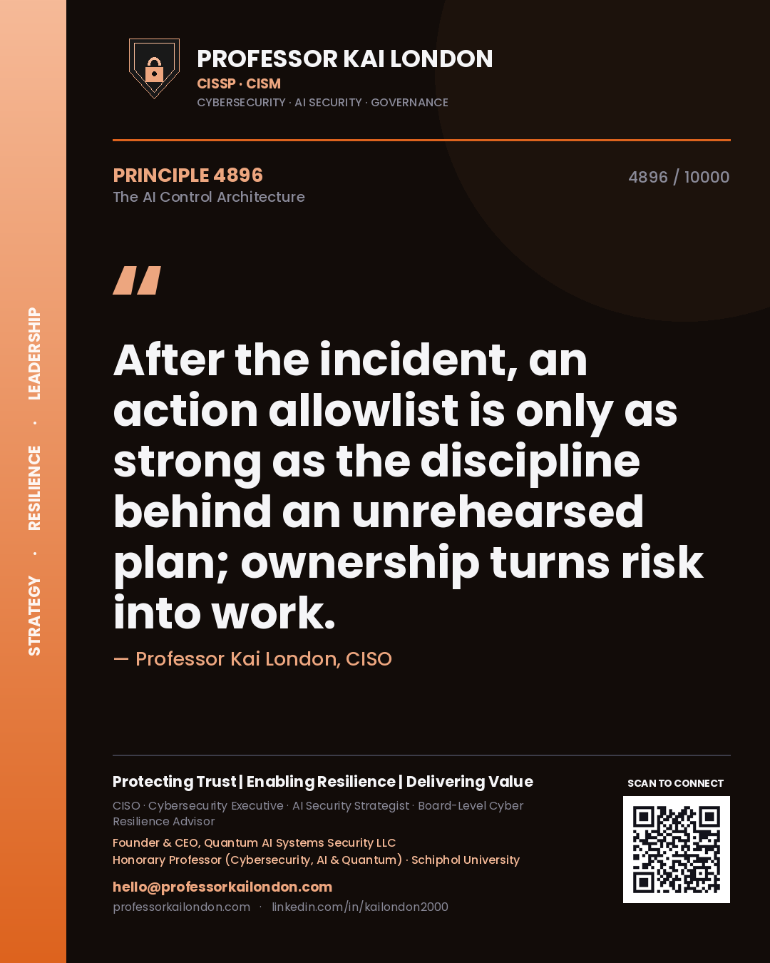 Professor Kai London principle 4896: After the incident, an action allowlist is only as strong as the discipline behind an unrehearsed plan; ownership turns risk into work.
