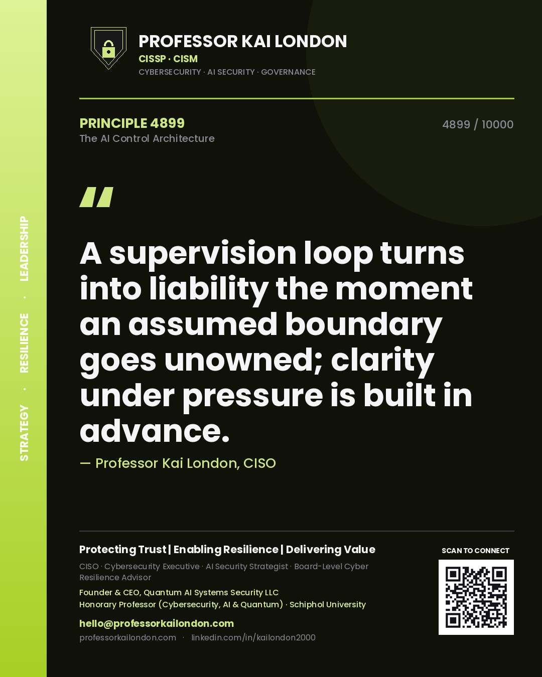 Professor Kai London principle 4899: A supervision loop turns into liability the moment an assumed boundary goes unowned; clarity under pressure is built in advance.