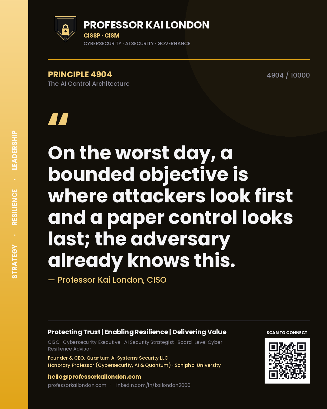 Professor Kai London principle 4904: On the worst day, a bounded objective is where attackers look first and a paper control looks last; the adversary already knows this.