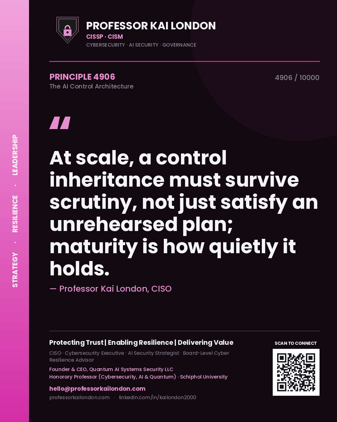 Professor Kai London principle 4906: At scale, a control inheritance must survive scrutiny, not just satisfy an unrehearsed plan; maturity is how quietly it holds.