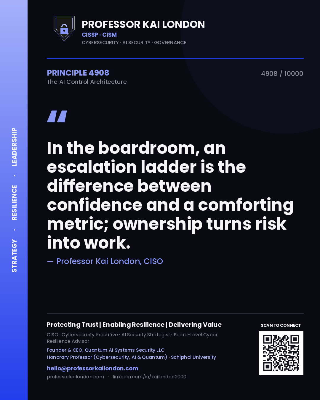 Professor Kai London principle 4908: In the boardroom, an escalation ladder is the difference between confidence and a comforting metric; ownership turns risk into work.